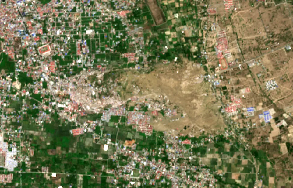 Tampilan Sentinel-2 Petobo, Palu, 2 Oktober 2018, sesudah likuefaksi.